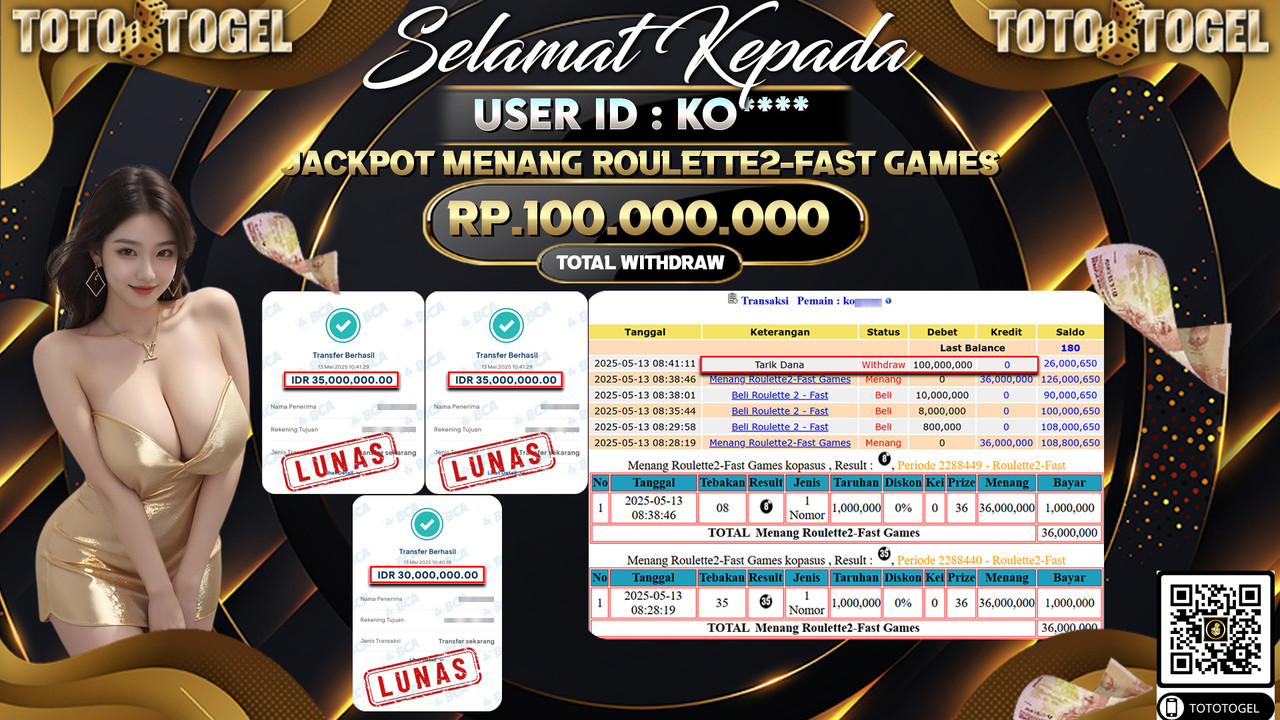 Bukti Pembayaran Jackpot  Permainan Live Games Roulette2-Fast Games ID:KO***** LUNAS