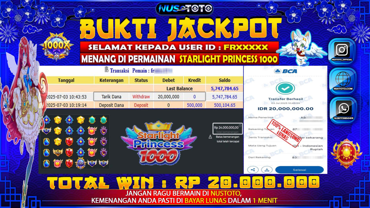 JACKPOT !! MENANG BESAR DI SLOT STARLIGHT PRINCESS 1000 Rp. 20.000.000 LANGSUNG DI BAYAR LUNAS NUSTOTO !!