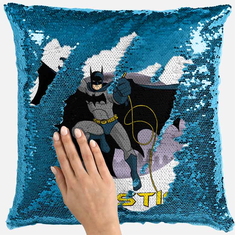 Personalised Batman Design Any Name Magic Reveal Blue Sequin Cushion Cover 5 