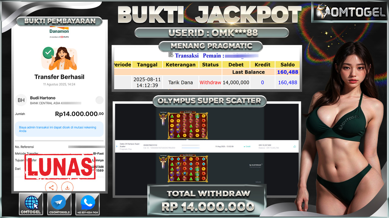 OMTOGEL JACKPOT PRAGMATIC PLAY GATES OF OLYMPUS SUPER SCATTER 14 JUTA DI BAYAR LUNAS ,-