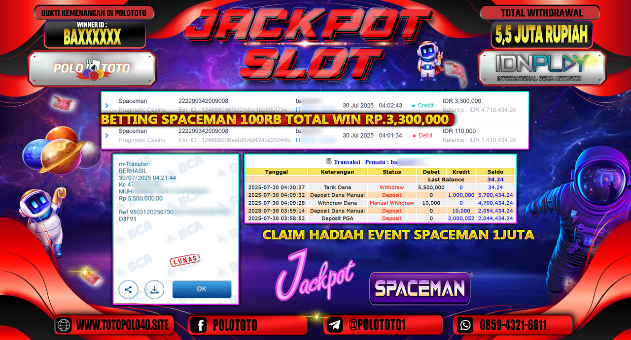 POLOTOTO JACKPOT SLOT SPACEMAN Rp.5.500.000,-LUNAS