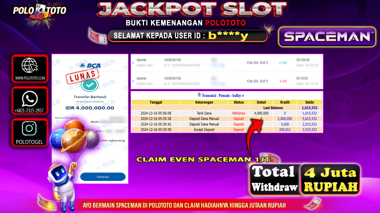 POLOTOTO JACKPOT SLOT SPACEMAN Rp.4,000.000,-