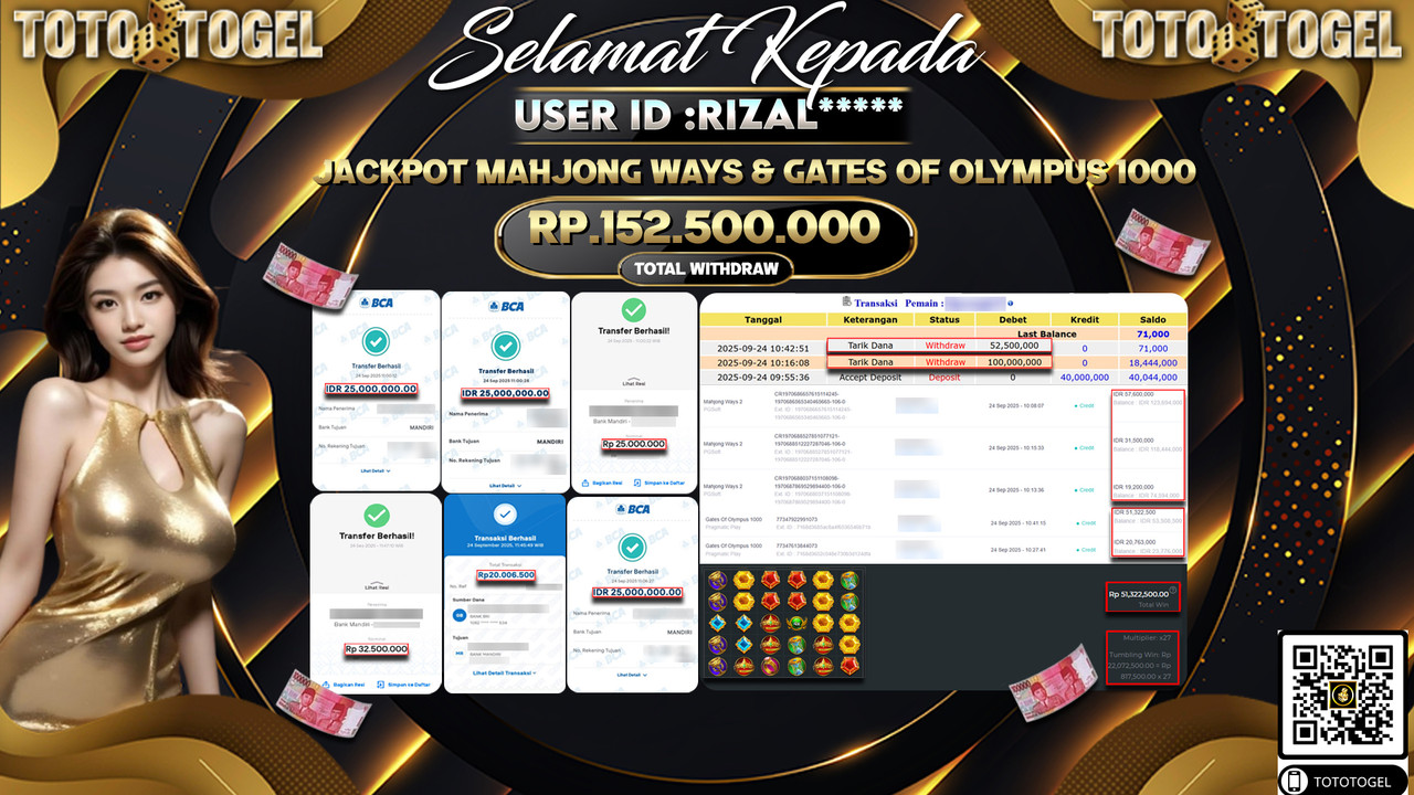 Bukti Pembayaran Jackpot Permainan Slot Mahjong Ways & Gates OF Olympus 1000 ID:RIZAL*** LUNAS