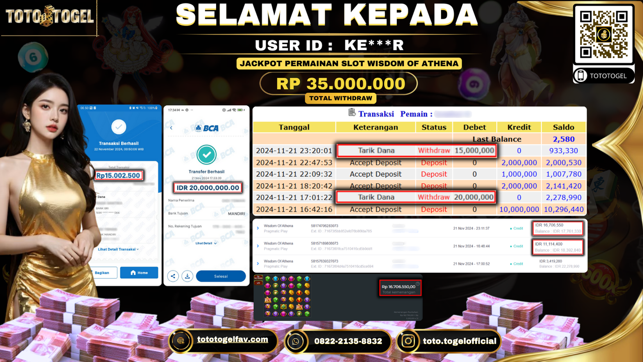 Bukti Pembayaran Jackpot Permainan Slot Wisdom Of Athena  ID: KE***R LUNAS 