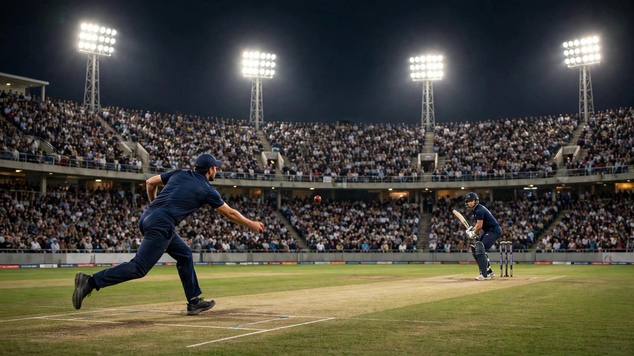 A fast bowler delivering at pace under floodlights in the night ODI between Sri Lanka and England at Rawalpindi