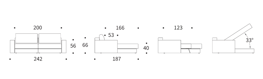 Schéma dimensions Akello Lounger Innovation Living — L242 × P98 × H77 cm, méridienne 187 cm, lit 123×200 cm