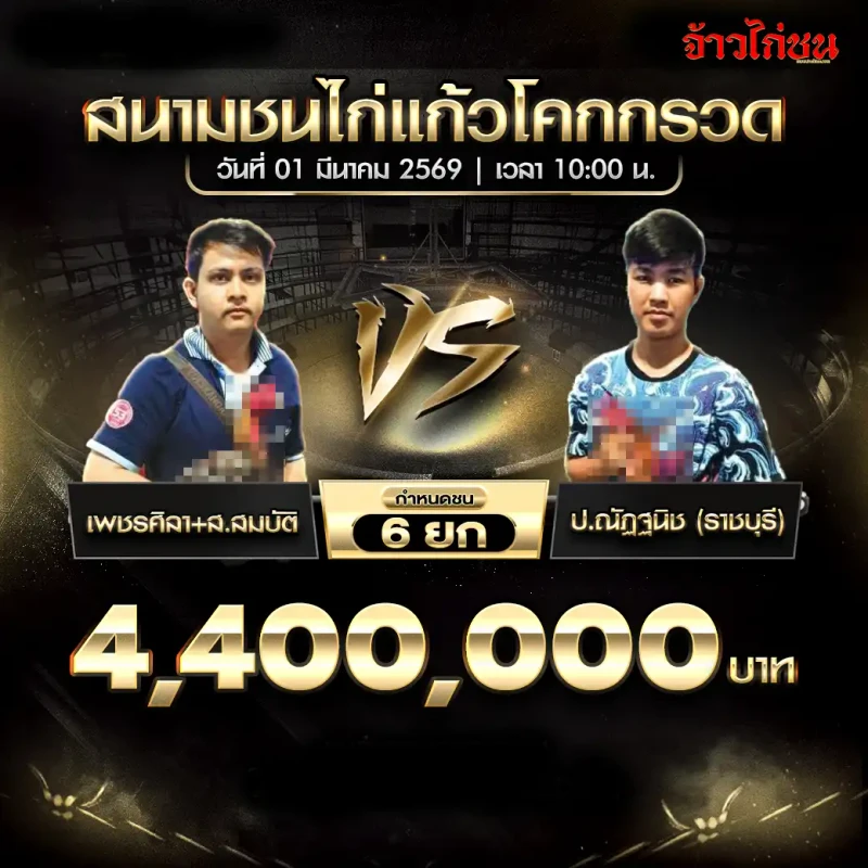 โปรแกรมไก่ชน แก้วโคกกรวด 1 มีนาคม 2569 : เพชรศิลา vs ปณัฐนันท์ ชิง 4,400,000 บาท