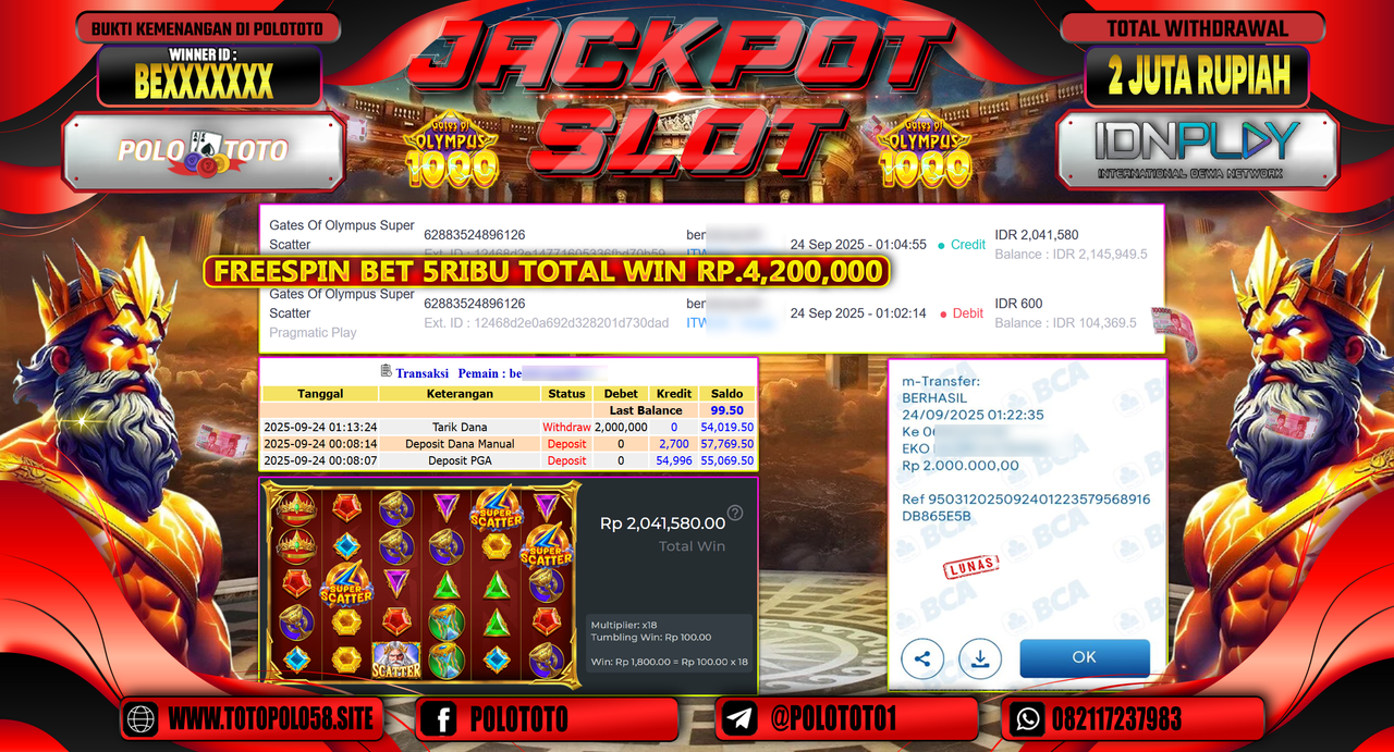 POLOTOTO JACKPOT SLOT GATES OF OLYMPUS 1000 Rp.2.000.000,- LUNAS