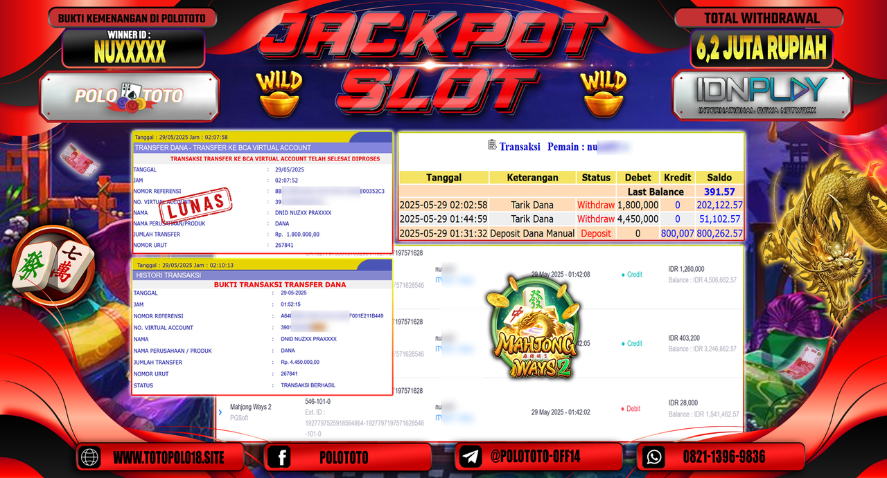 POLOTOTO JACKPOT SLOT MAHJONG WAYS 2 Rp.6.250.000,-