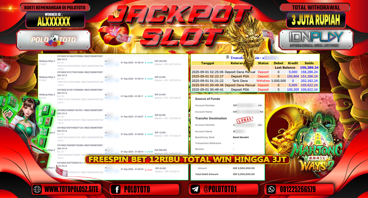 POLOTOTO JACKPOT SLOT MAHJONG WAYS 2 Rp.3.000.000,-