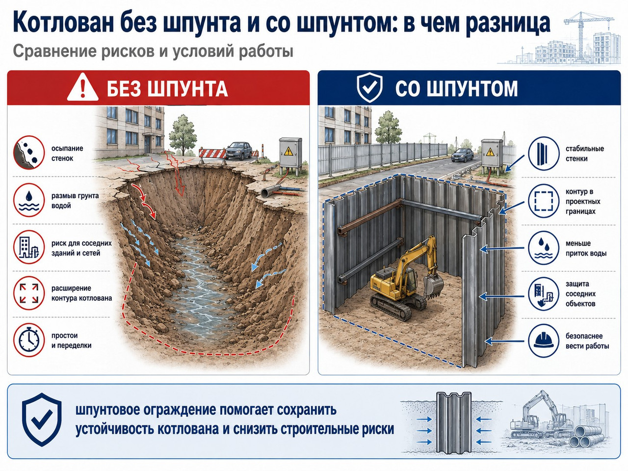 котлован без шпунта и со шпунтом