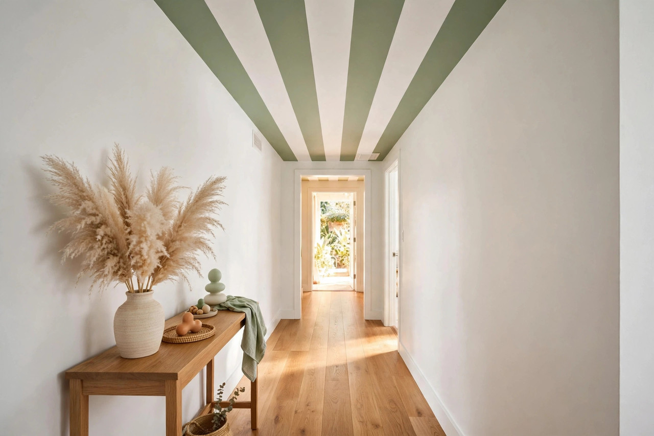 Hallway with sage green and white painted ceiling stripes running its length