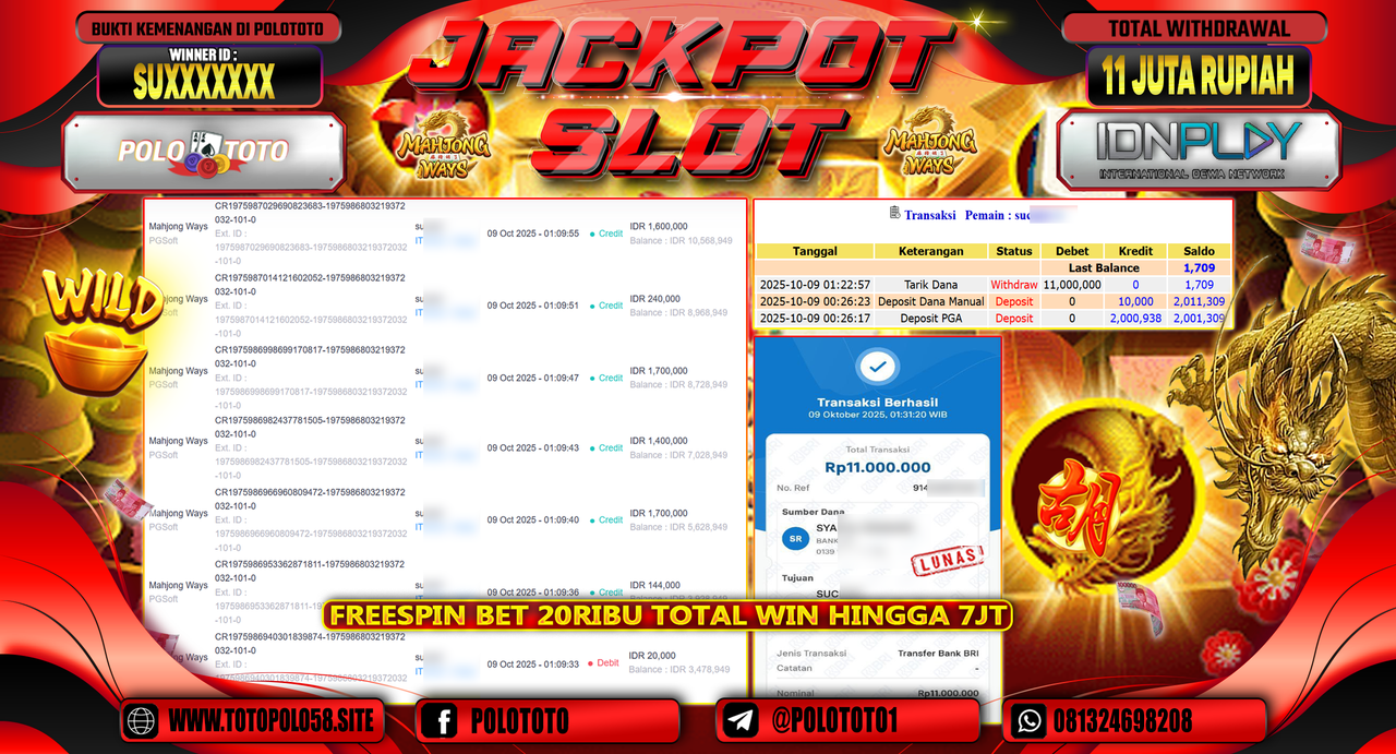 POLOTOTO JACKPOT SLOT MAHJONG WAYS Rp.11.000.000,- LUNAS