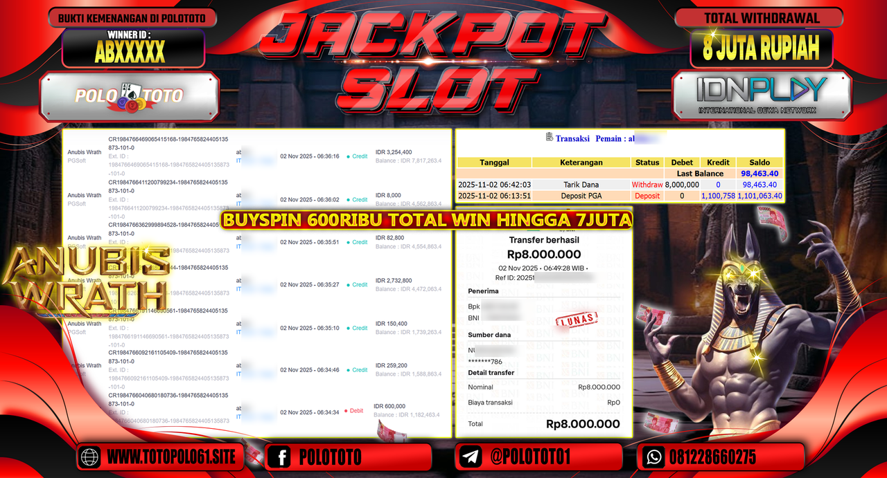 POLOTOTO JACKPOT SLOT ANUBIS WRATH Rp.8.000.000,- LUNAS