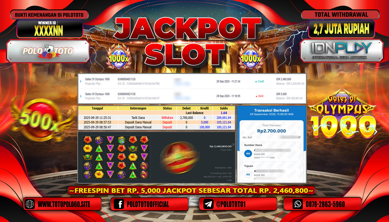 POLOTOTO JACKPOT SLOT GATES OF OLYMPUS 1000 Rp.2.700.000,- LUNAS