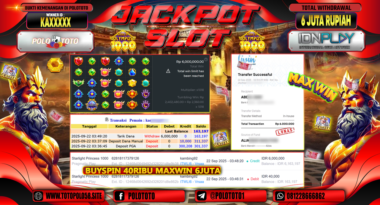 POLOTOTO JACKPOT SLOT STARLIGHT PRINCESS 1000 Rp.6.000.000,-
