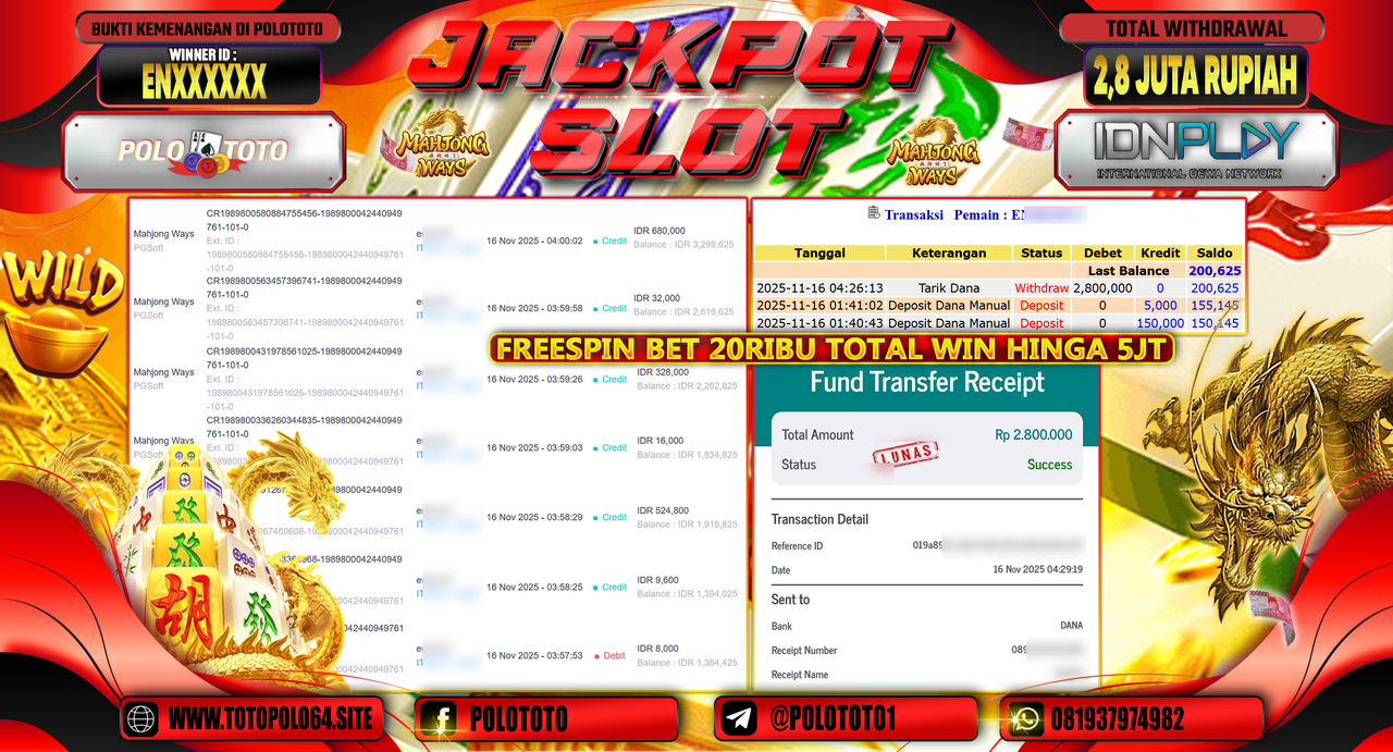 POLOTOTO JACKPOT SLOT MAHJONG WAYS Rp.2.800.000,- LUNAS