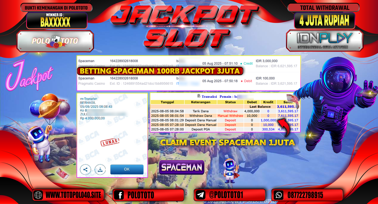 POLOTOTO JACKPOT SLOT SPACEMAN Rp.4.000.000,-LUNAS
