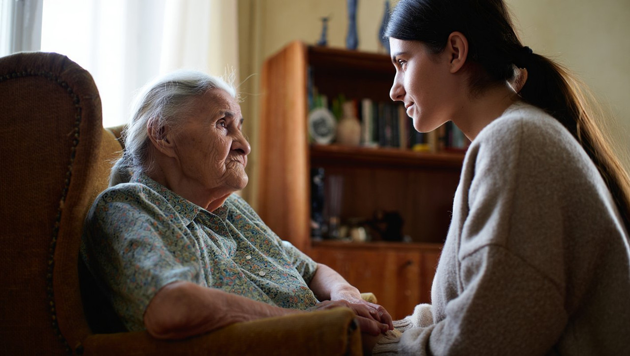 Пожилая женщина и дочь обсуждают варианты размещения в пансионате для престарелых