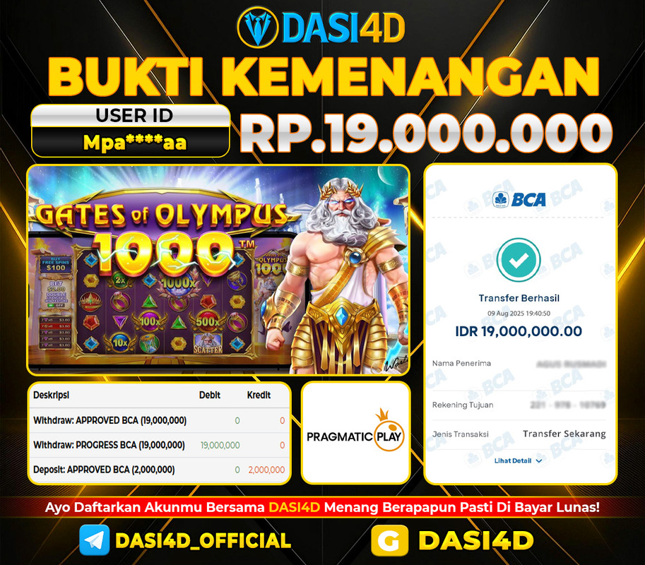 BUKTI KEMENANGAN 09 AGUSTUS 2025 DI GATES OF OLYMPUS 1000 WD 19.000.000