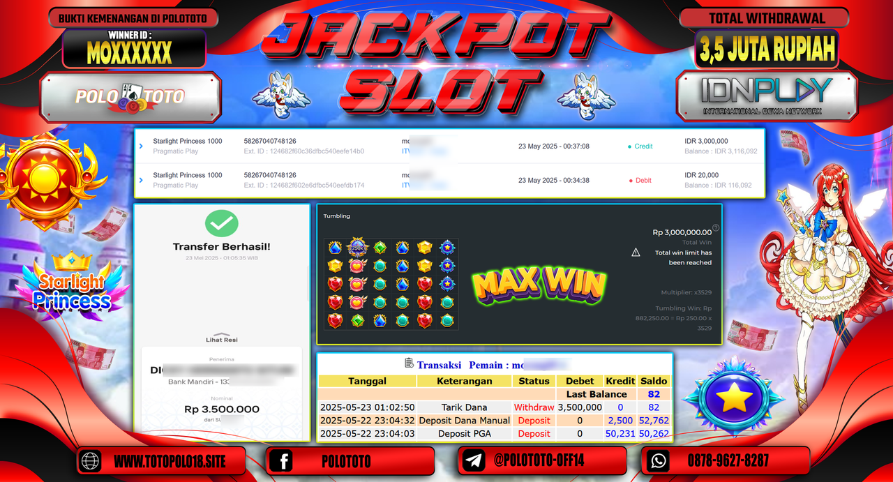 POLOTOTO JACKPOT SLOT STARLIGHT PRINCESS 1000 Rp.3.500.000,-