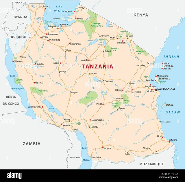 tanzania-road-and-national-park-map-FH94XR