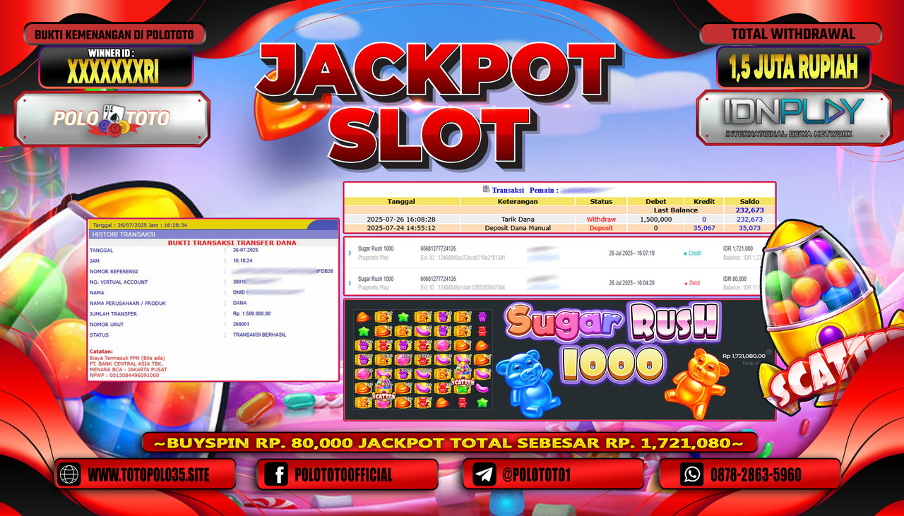 POLOTOTO JACKPOT SLOT SUGAR RUSH 1000 Rp.1.500.000,- LUNAS