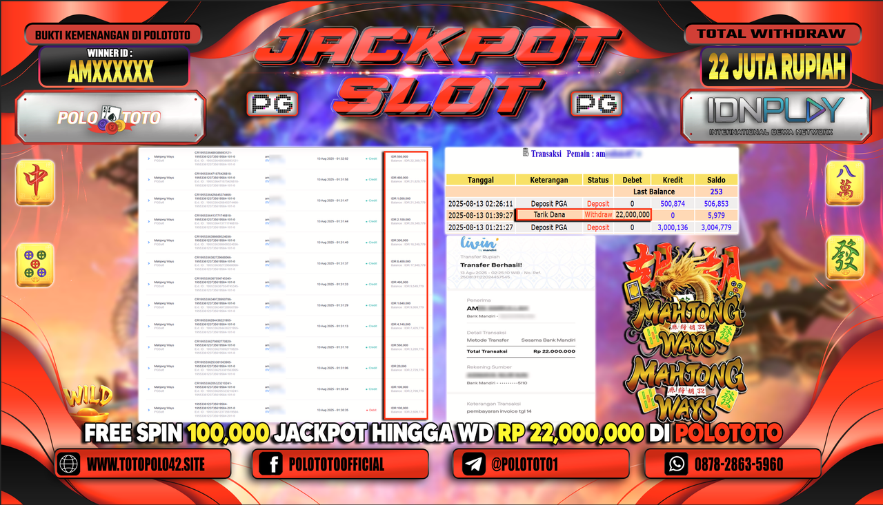 POLOTOTO JACKPOT SLOT MAHJONG WAYS Rp.22.000.000,-LUNAS