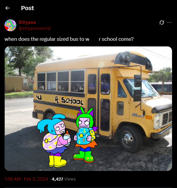 a tweet saying when does the regular size bus come for w school and below is an attached picture of stupid and poop getting on a school bus with the w word