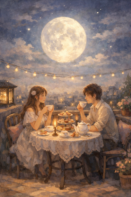 Tiệc trà trên sân thượng dưới ánh trăng