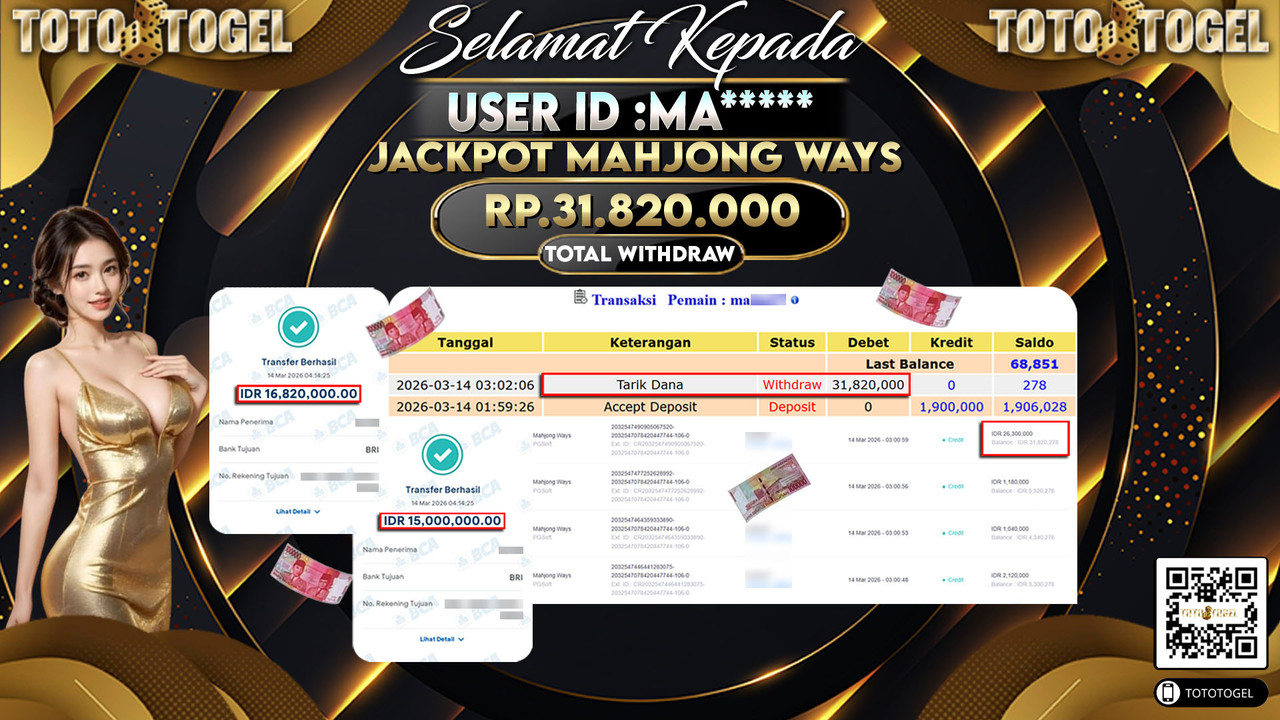 Bukti Pembayaran Jackpot Permainan Slot Mahjong Ways ID:MA*****LUNAS