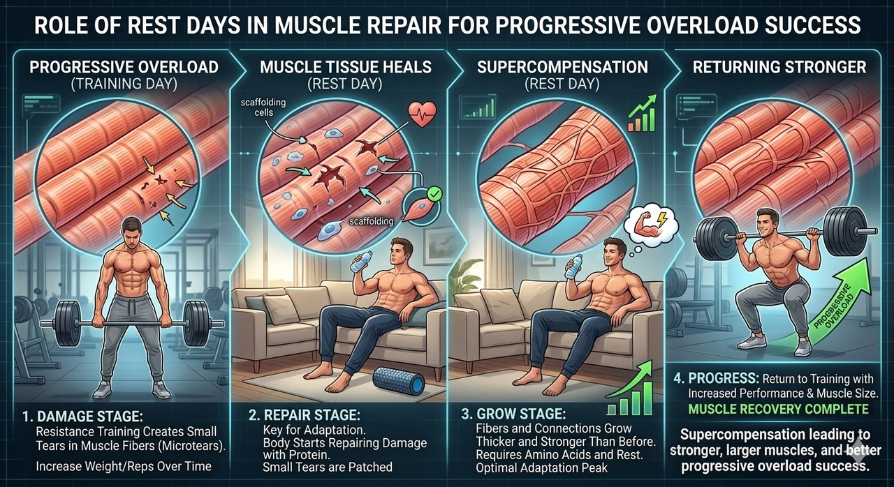 Microscopic view of muscle fibers showing microtears and repair process for role of rest days in progressive overload