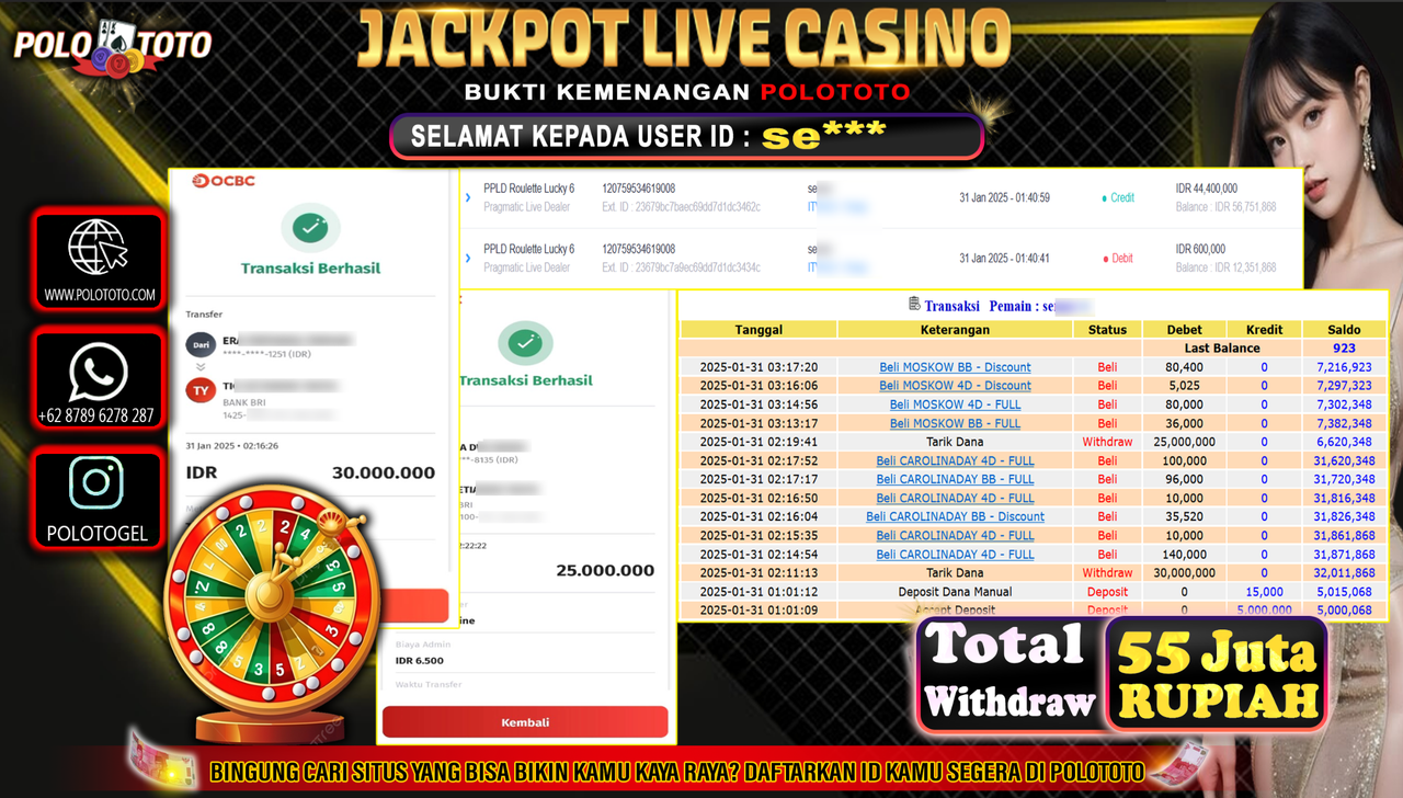 POLOTOTO JACKPOT LIVE CASINO PPLD ROULETTE LUCKY 6 Rp.55,000.000,-
