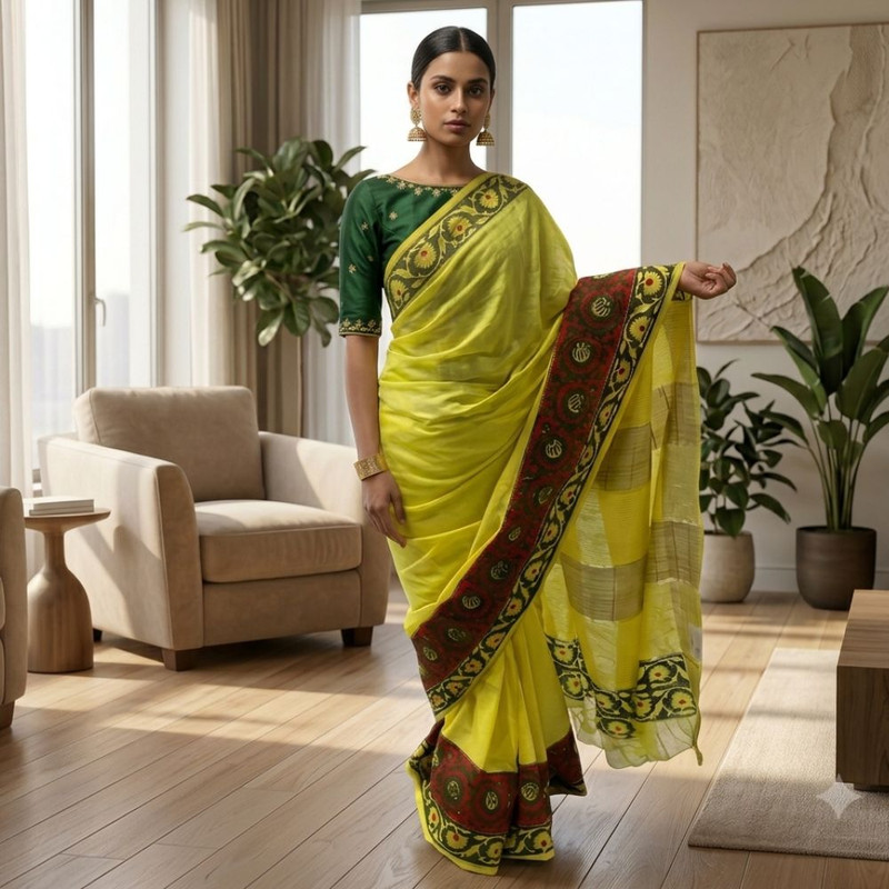 Women's Traditional Kota  Slub Silk Saree with Unstitched Blouse Piece