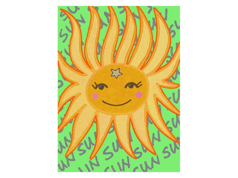 The Sun — 환하게 웃는 태양과 반복되는 SUN 레터링, 선명한 노란 배경의 손그림 타로카드