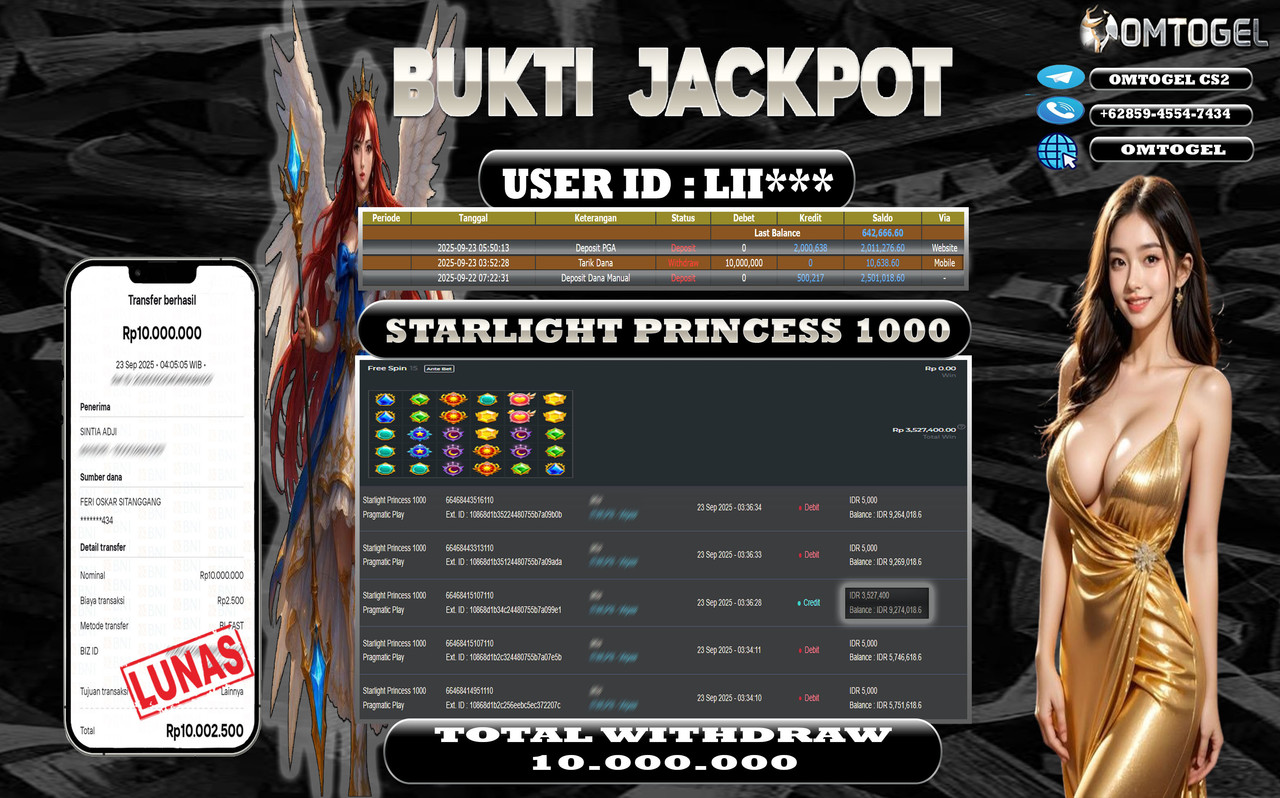 OMTOGEL JACKPOT PRAGMATIC PLAY STARLIGHT PRINCESS 1000 10 JUTA DI BAYAR LUNAS ,-