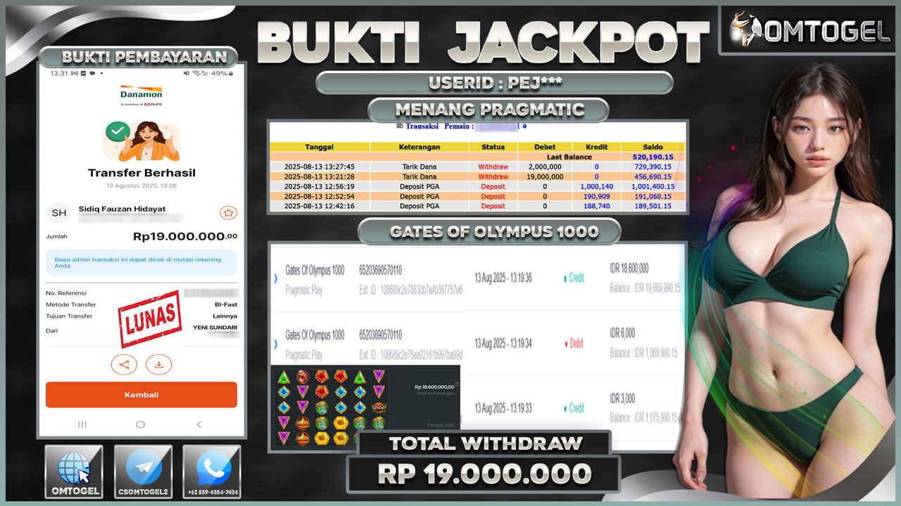 OMTOGEL JACKPOT PRAGMATIC PLAY GATES OF OLYMPUS 1000 19 JUTA DI BAYAR LUNAS ,-