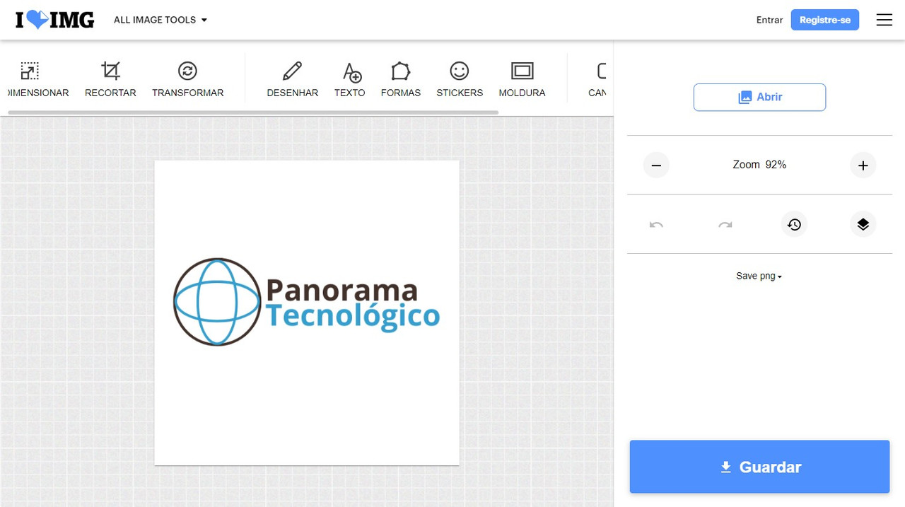 Tela do editor de imagens do iLoveIMG mostrando as ferramentas em ação com uma imagem do logotipo do blog Panorama Tecnológico 