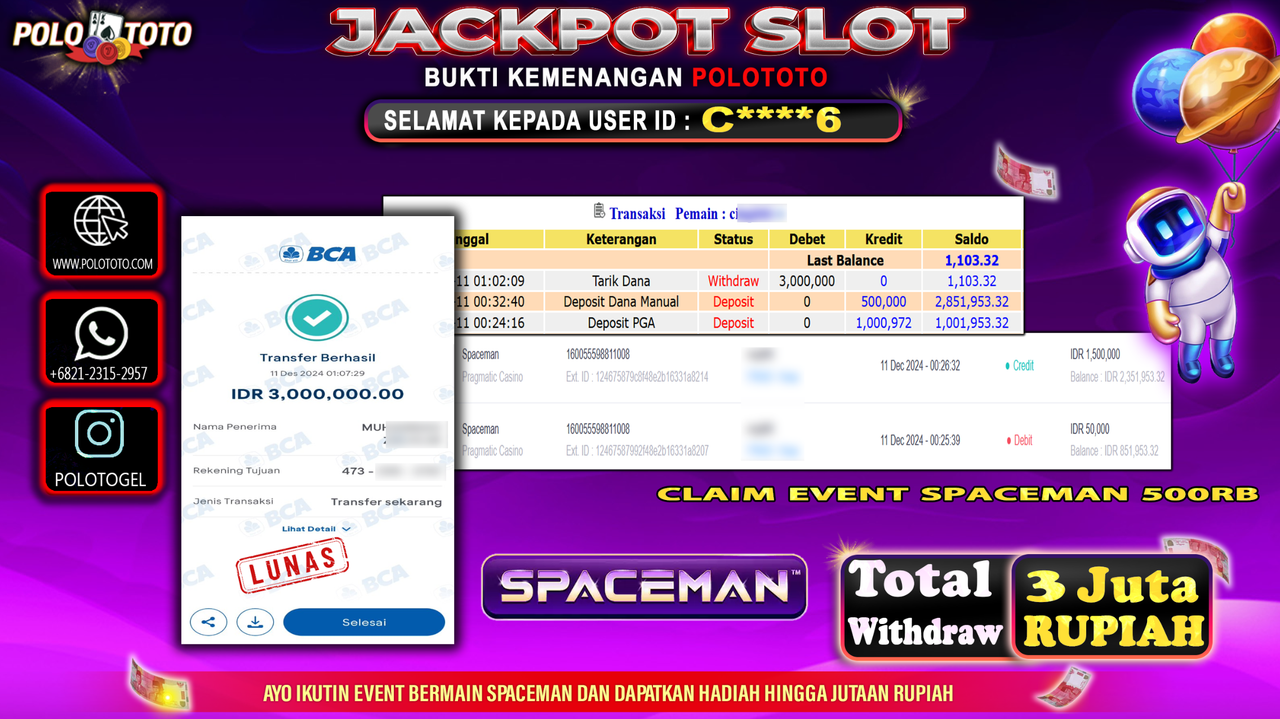 POLOTOTO JACKPOT SLOT SPACEMAN Rp.3,000.000,-