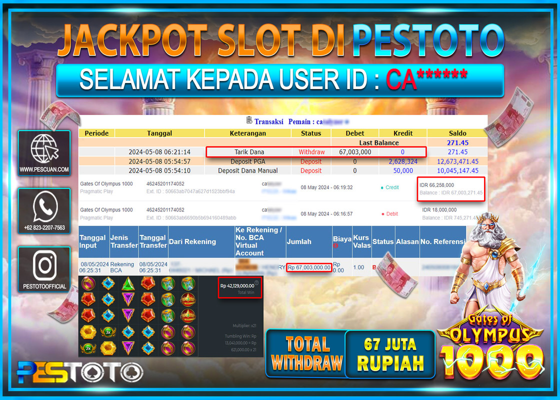 HANYA DI PESTOTO JP PASTI DI BAYAR LUNAS DAN CEPAT!!!!!! JP SLOT{ GATES OF OLYMPUS 1000 } Rp.69.000.000 !!!!!