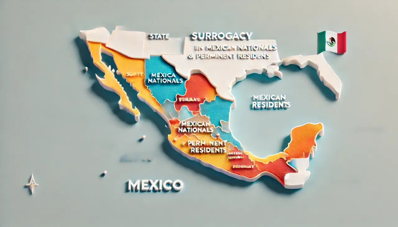 Map of Mexico showing surrogacy availability for Mexican nationals and permanent residents.