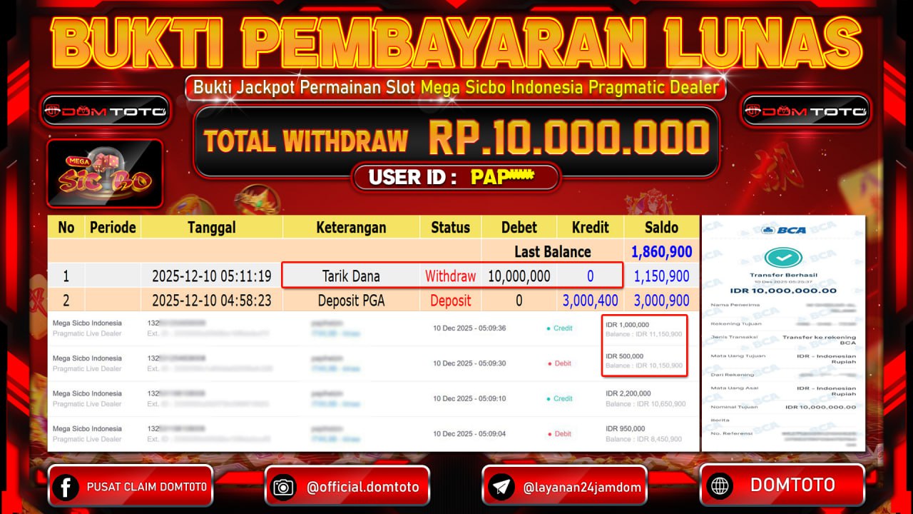JACKPOT Permainan Slot Mega Sicbo Indonesia Pragmatic Live Dealer 10 DECEMBER 2025