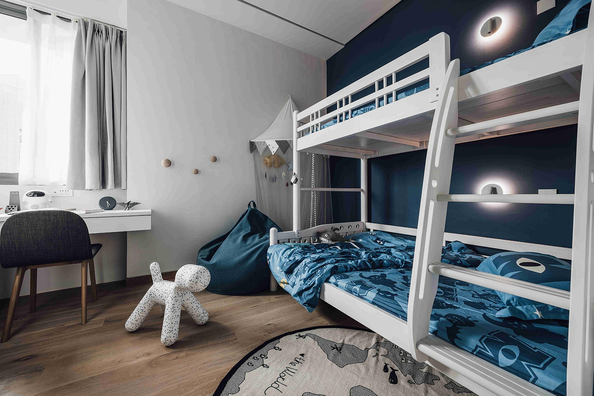 Contemporary Grey And Blue Boys Room Design With Bunk Bed
