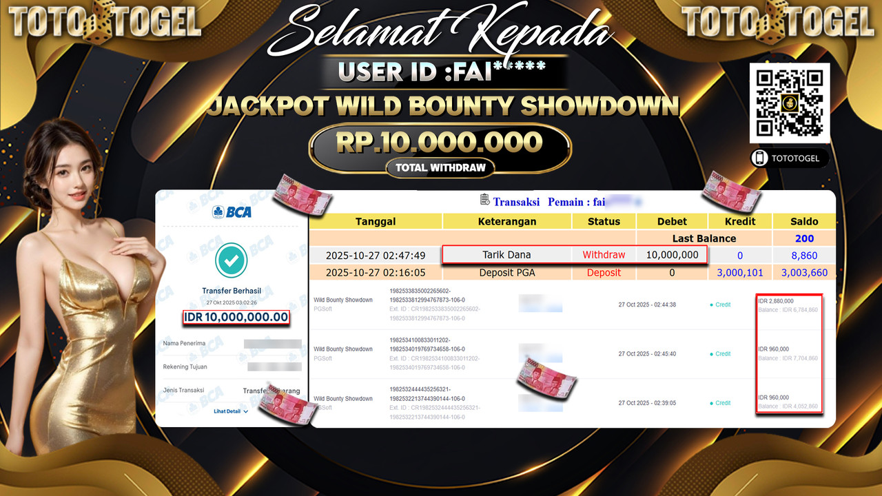 Bukti Pembayaran Jackpot Permainan Slot Wild Bounty ShowDown ID:FAI**** LUNAS