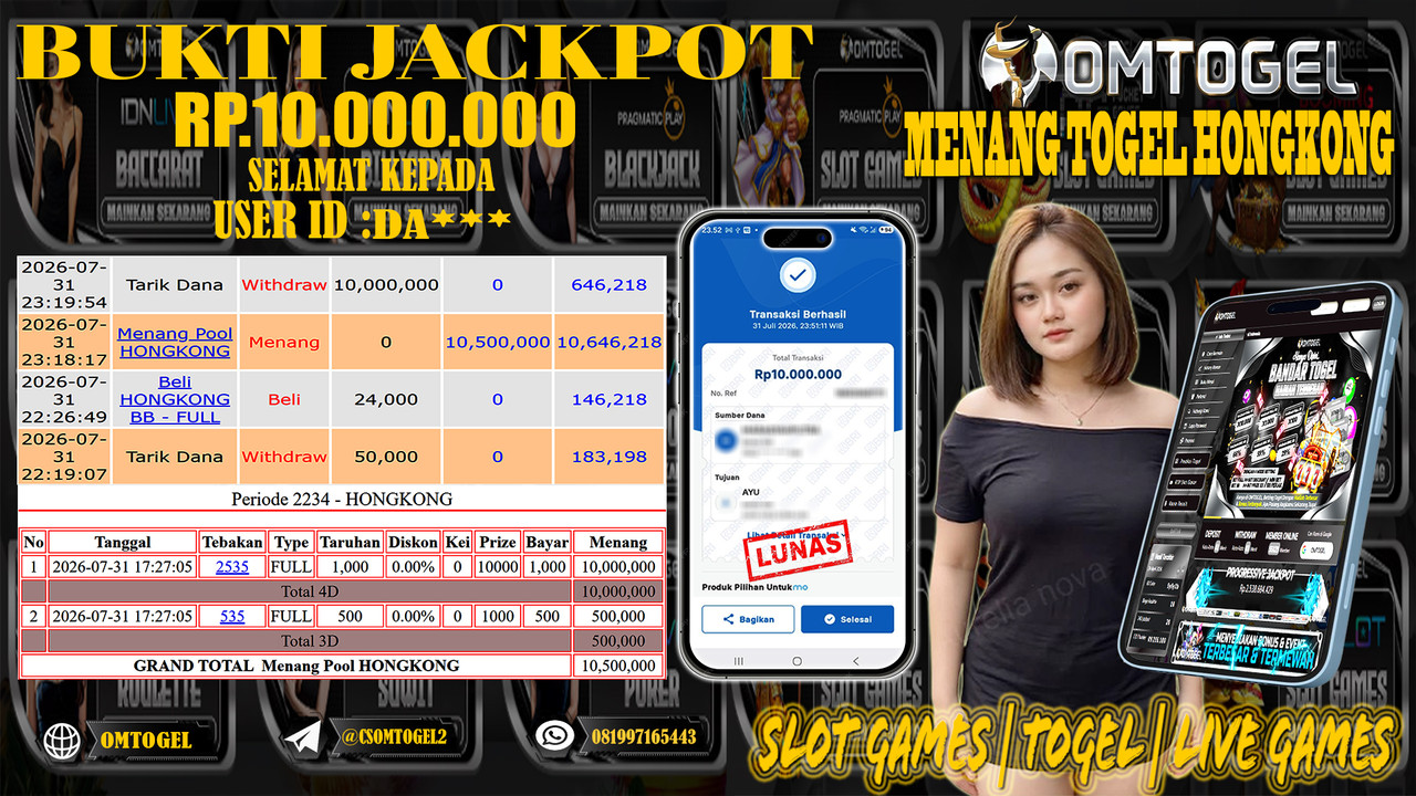 OMTOGEL JACKPOT MENANG TOGEL HONGKONG Rp,10,000,000,- DIBAYAR LUNAS