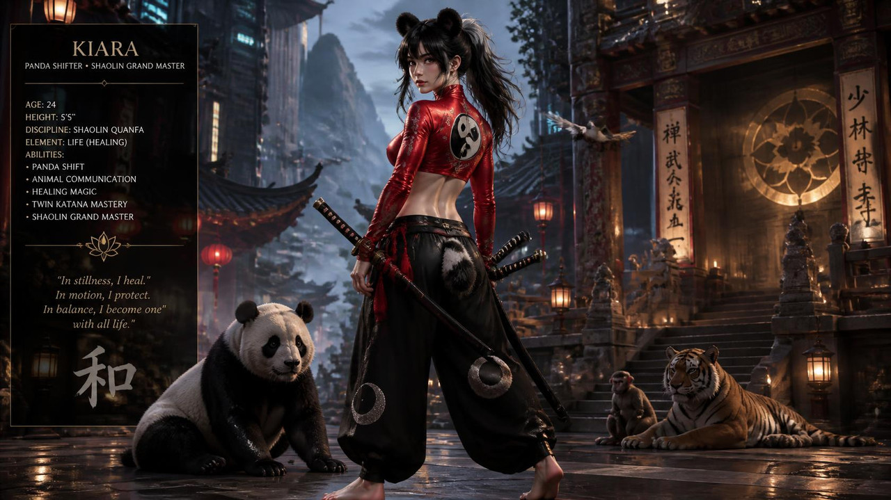 Kiara is a 5 5 female She has 6 pack abs She is slim built She has black panda ears and a panda t