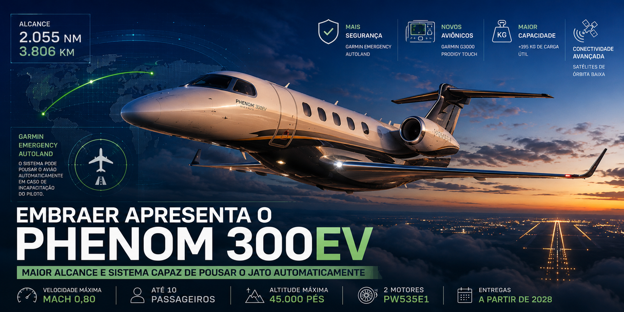 Embraer apresenta Phenom 300EV com maior alcance e sistema de pouso automático