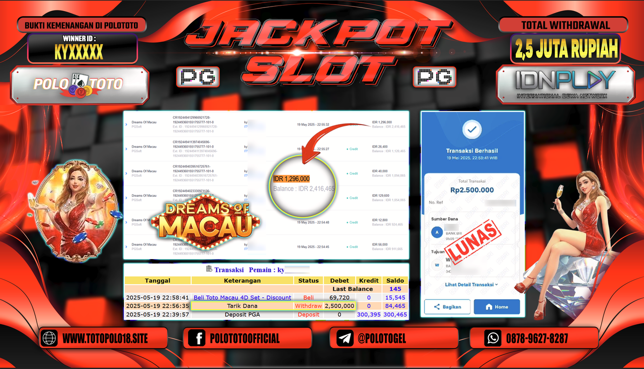 POLOTOTO JACKPOT SLOT DREAMS OF MACAU Rp.2.500.000,-