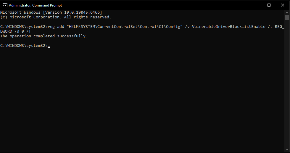 Registry config after running command