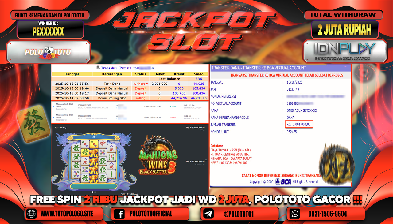 POLOTOTO JACKPOT SLOT MAHJONG WINS 3 - BLACK SCATTER Rp.2.000.000,- LUNAS